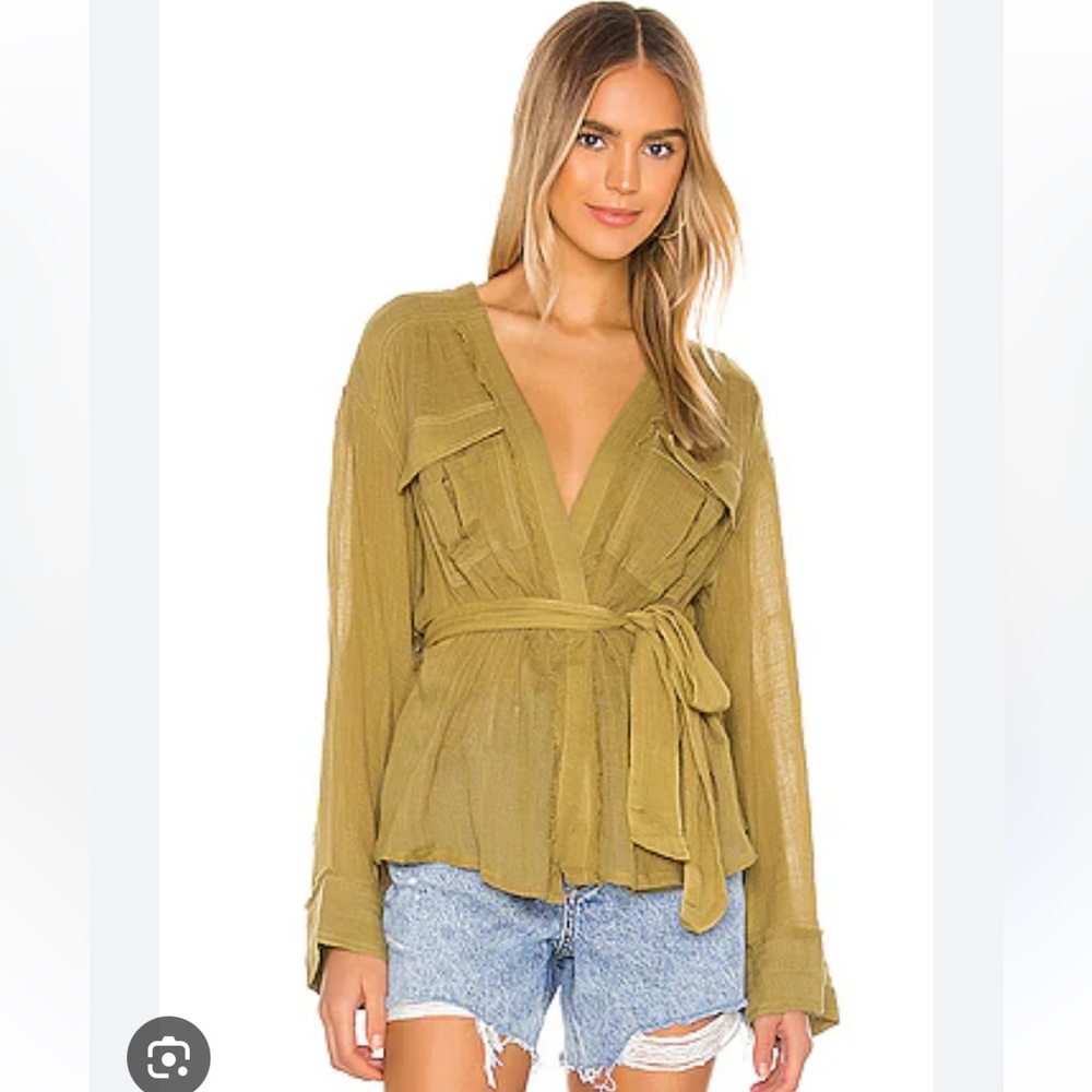 We The Free. Free People. Olive green semi sheer safari wrap shirt.